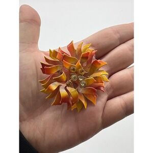 VTG Coro Brooch 3D Flower Orange Yellow Enamel Rhinestone Gold Tone Pin J158